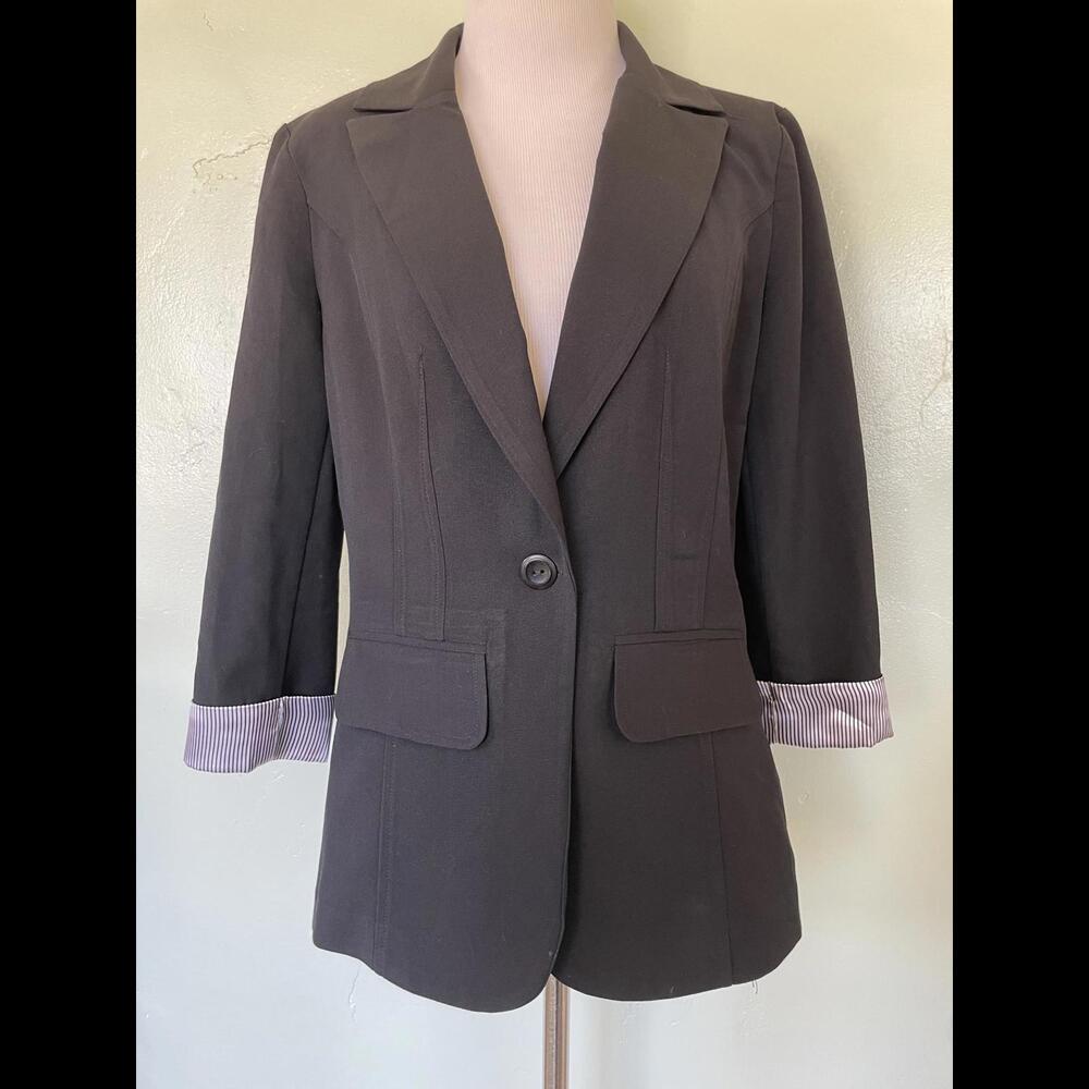 IZ Byer Black Blazer Jacket Striped Cuffs Large L 15-0026